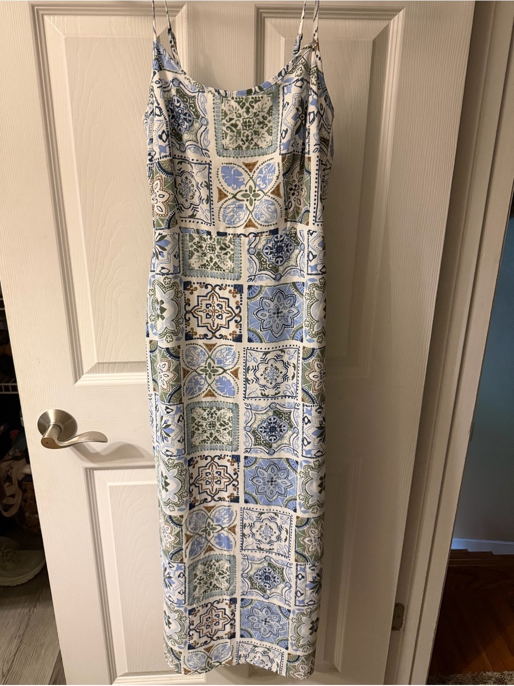 Abercrombie & Fitch Blue and Green Tile-Print Maxi Slip Dress
